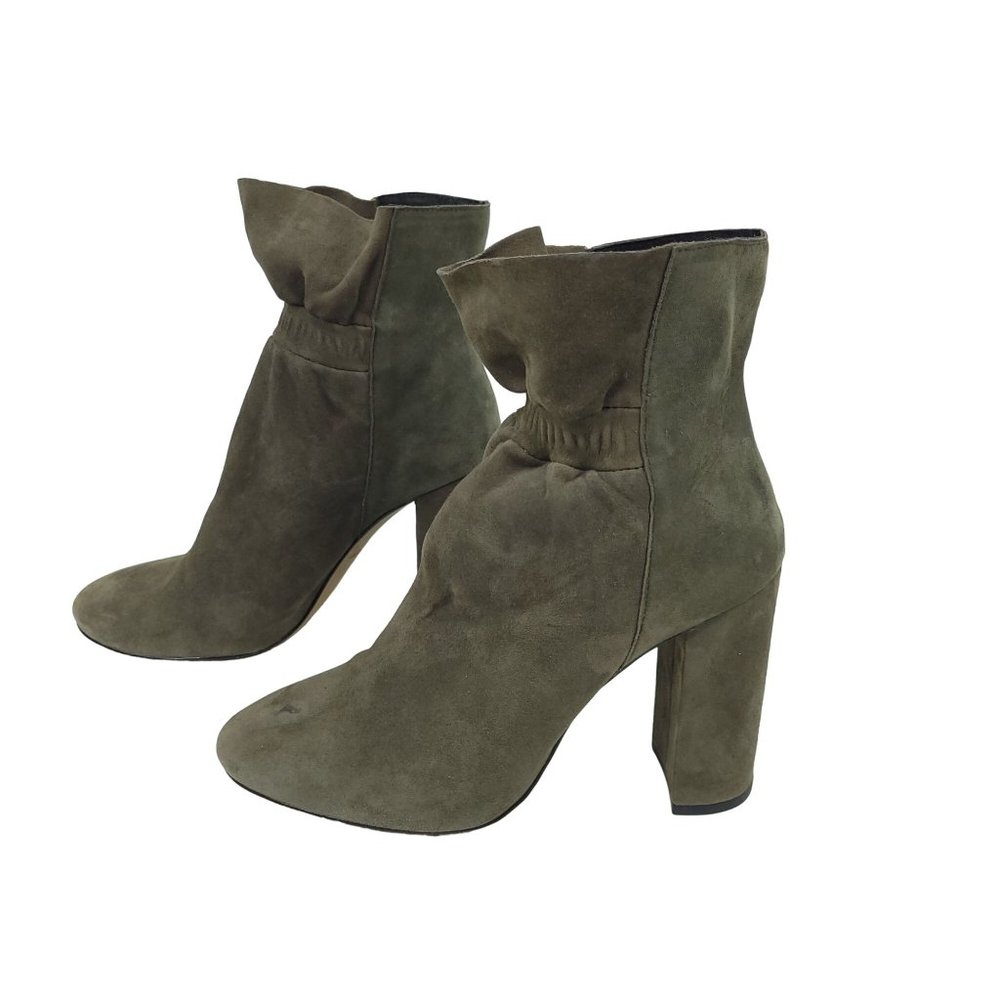 Botkier Rylie Green Suede Ankle Boots Leather Booties Block Heels Size 7 Boho